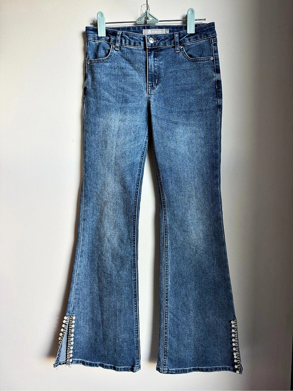 Tractr Embellished Flare Jeans with rhinestone pearls Size 12